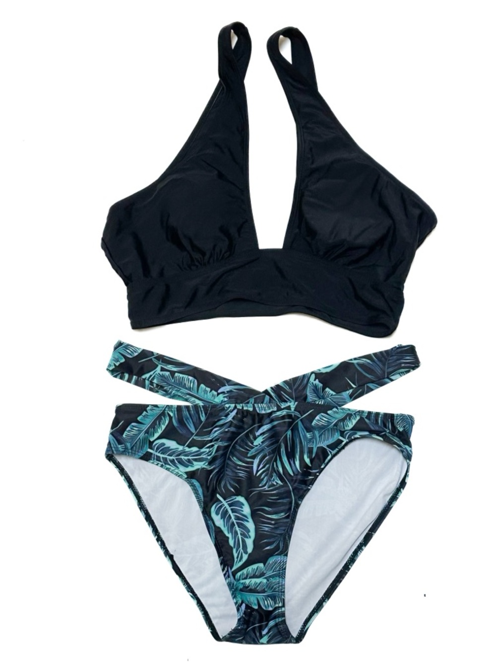 Black + Teal Tropical Palm Leaf Print Cut Out Strappy Bikini Multi-Way Wear